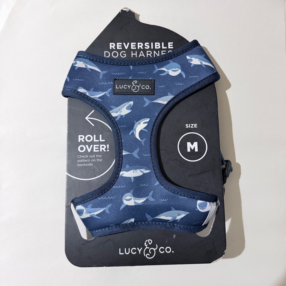 Lucy & Co Reversible Dog Harness Blue Shark Wave Print Size Medium Neoprene